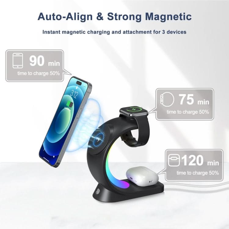 T17 3-in-1 RGB Atmosphere Light MagSafe Phone Watch Earphone Wireless Charger