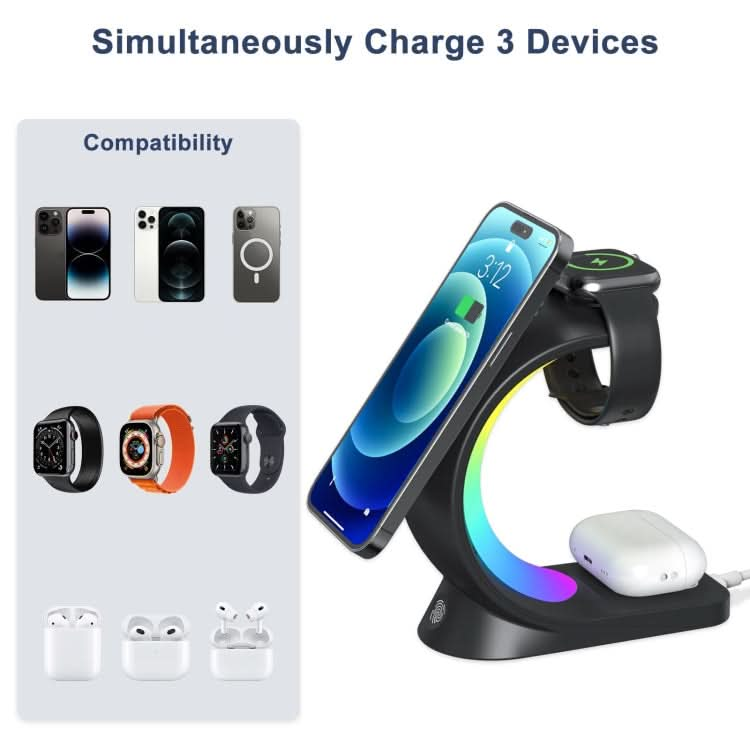 T17 3-in-1 RGB Atmosphere Light MagSafe Phone Watch Earphone Wireless Charger