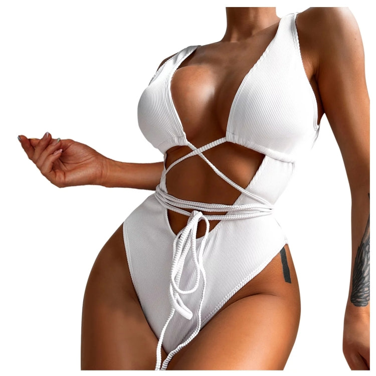 Women One Piece Swimsuit Solid Hollow Out Bandage Swimwear