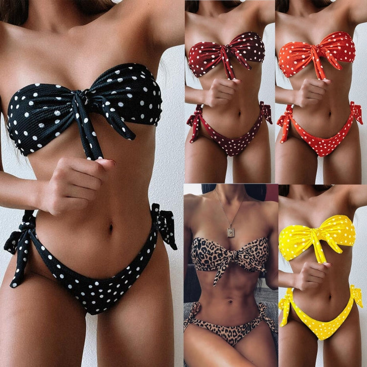 Women Dot Print Front Tie Bandeau Bikini Two Pieces Set Thong Swimsuit