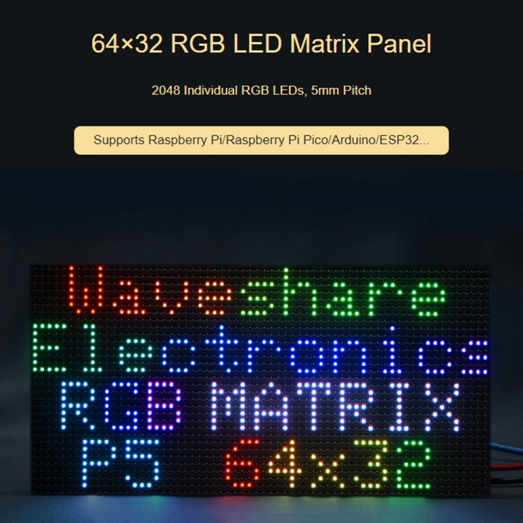 Waveshare RGB Full-color LED Matrix Panel, 5mm Pitch, 64x32 Pixels, Adjustable Brightness Reluova