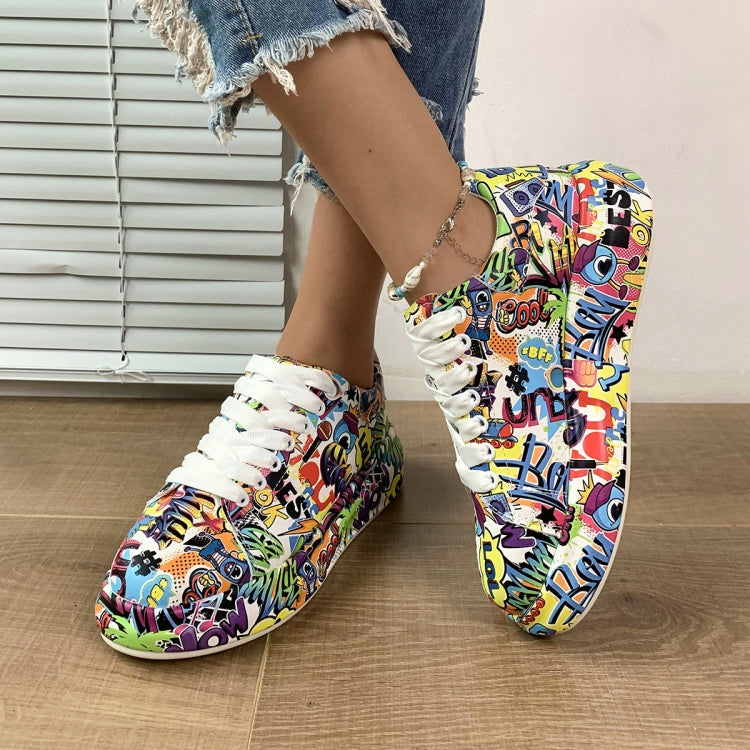 Outdoor Thick Bottom Lacing Sneakers Cartoon Graffiti Printed Couple Casual Shoes