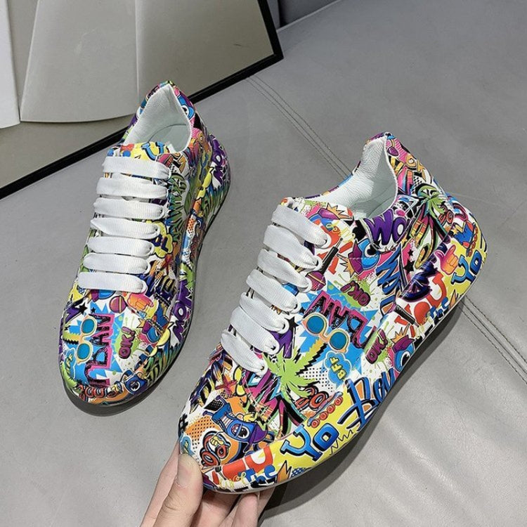 Outdoor Thick Bottom Lacing Sneakers Cartoon Graffiti Printed Couple Casual Shoes