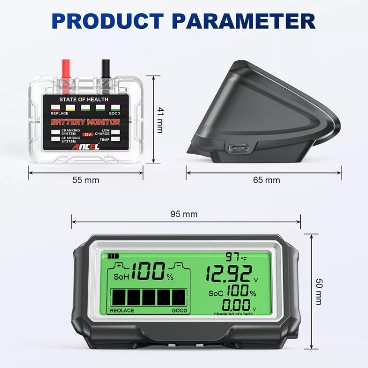 ANCEL 12V LED Car Battery Tester SOH/SOC Rechargeable Battery Analysis Tool