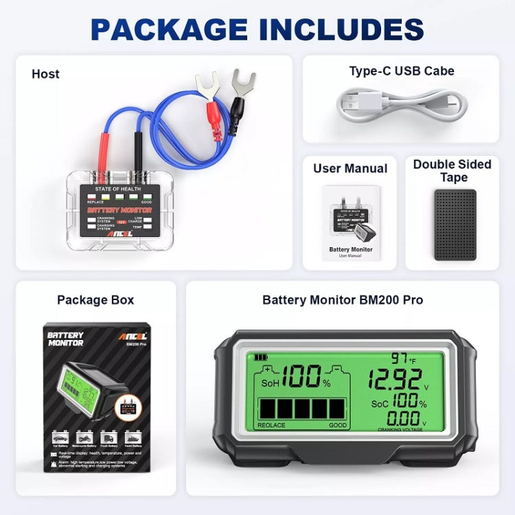 ANCEL 12V LED Car Battery Tester SOH/SOC Rechargeable Battery Analysis Tool