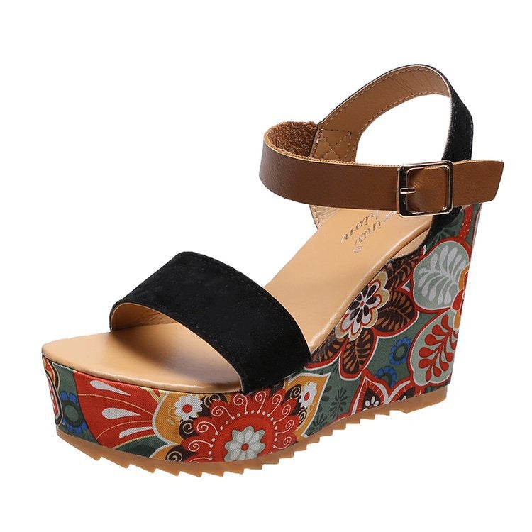 Summer Floral Fabric Slope Heel Women Sandals Comfortable Casual High Heels My Store