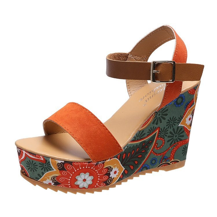 Summer Floral Fabric Slope Heel Women Sandals Comfortable Casual High Heels My Store