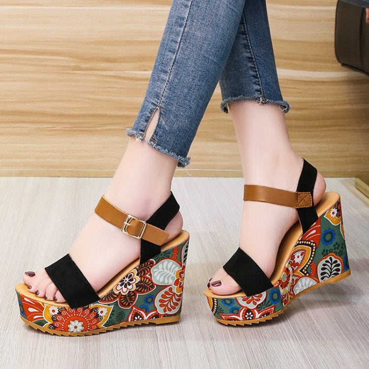 Summer Floral Fabric Slope Heel Women Sandals Comfortable Casual High Heels My Store