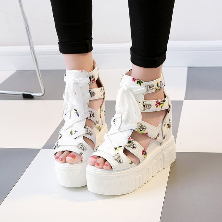 Summer Roman Sandals High Heel Floral Printed Cross Strap Women Shoes