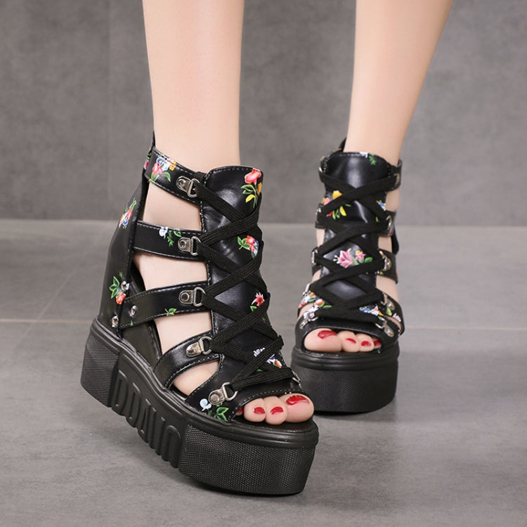 Summer Roman Sandals High Heel Floral Printed Cross Strap Women Shoes