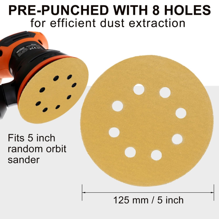 100pcs / Box 5 Inch 8 Holes Round Disc Sanding Sandpaper 125mm Yellow Sand Flocking Sheet