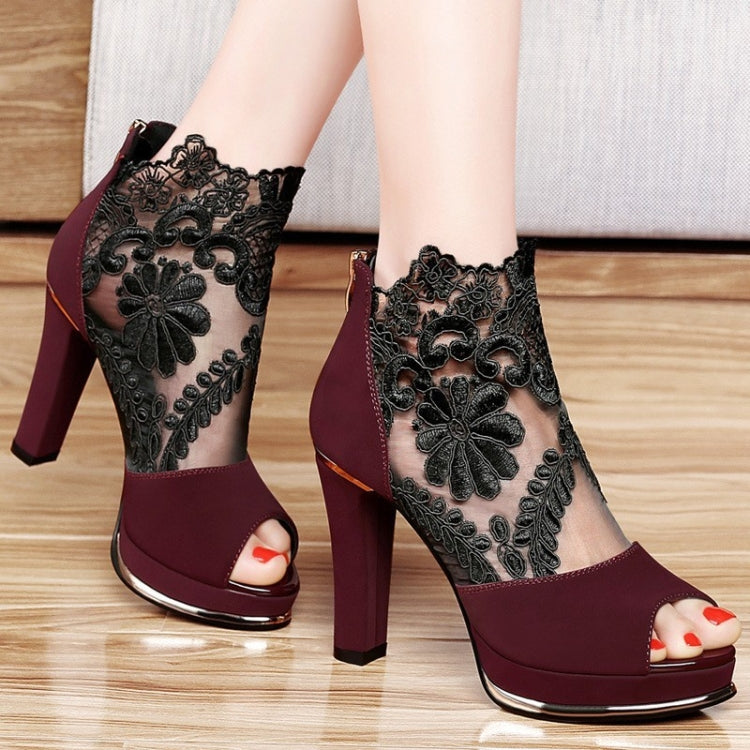 Summer Women Chunky Heel Peep Toe Sandals Sexy Lace High Heels