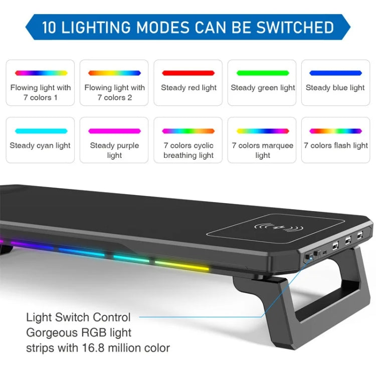 RGB Computer Monitor Stand Riser 3 USB 2.0 +1 Type-C Ports