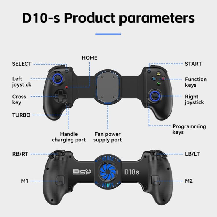 BSP-D10S Wireless Stretch Game Controller With Heat Dissipation Fan for Switch / Android / IOS / PC / PS3 / PS4