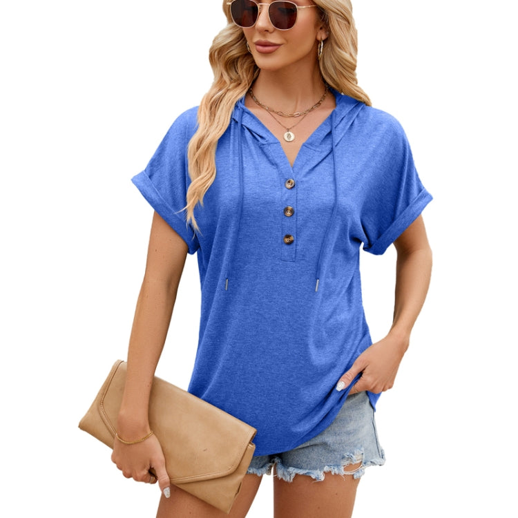 Ladies Summer Hooded Button Loose Short Sleeve T-Shirt Blouse