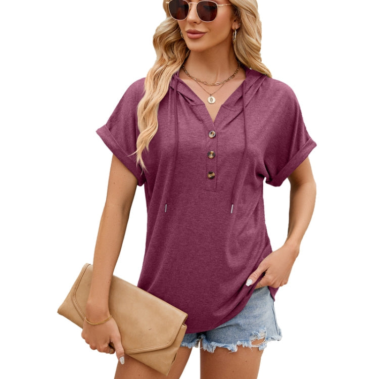 Ladies Summer Hooded Button Loose Short Sleeve T-Shirt Blouse