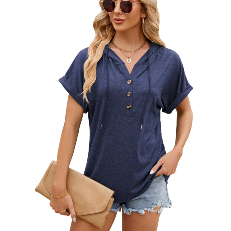 Ladies Summer Hooded Button Loose Short Sleeve T-Shirt Blouse