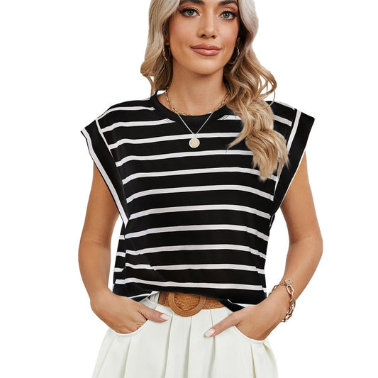 Women Stripe Style Summer Loose Top Basic T-Shirt Round Neck Casual Tank My Store