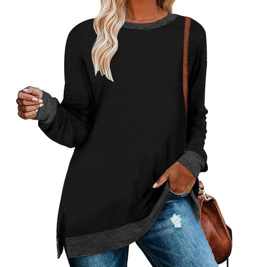 Long Sleeve Round Neck Colorblocked Split Top Ladies Loose Casual Pullover T-Shirt My Store