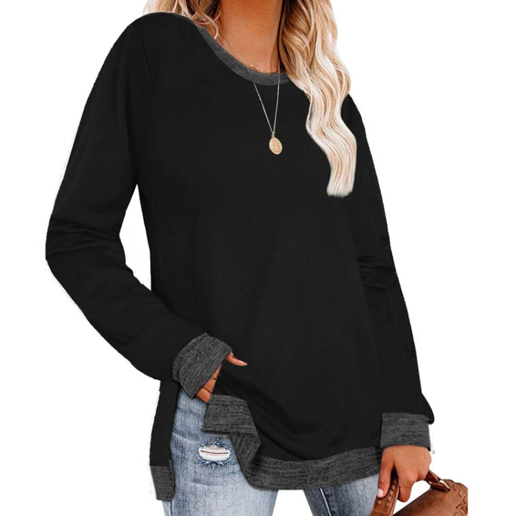 Long Sleeve Round Neck Colorblocked Split Top Ladies Loose Casual Pullover T-Shirt