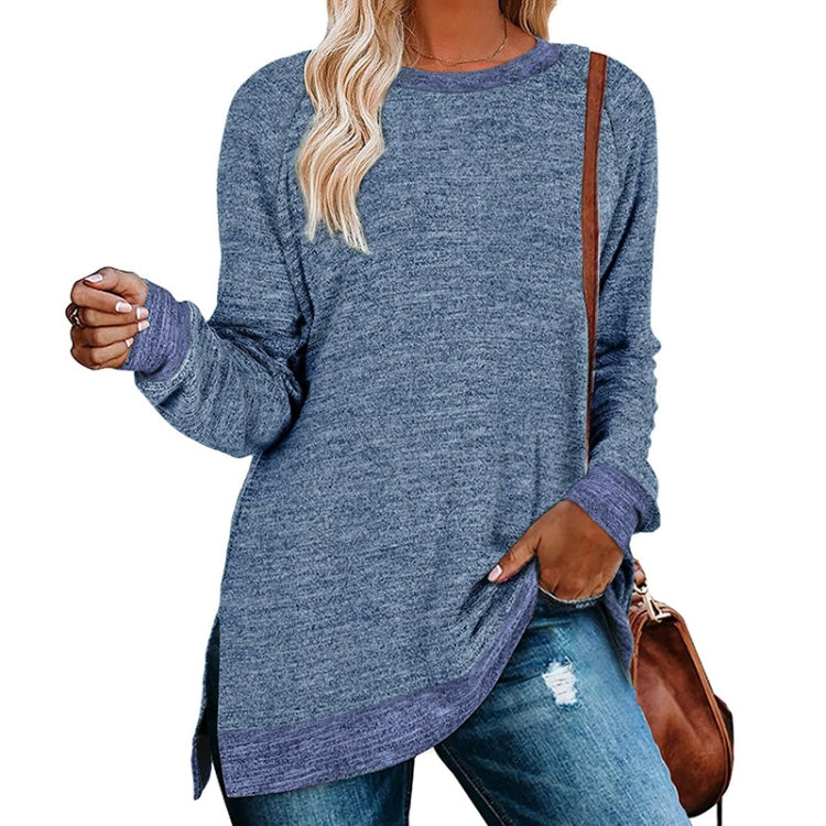 Long Sleeve Round Neck Colorblocked Split Top Ladies Loose Casual Pullover T-Shirt