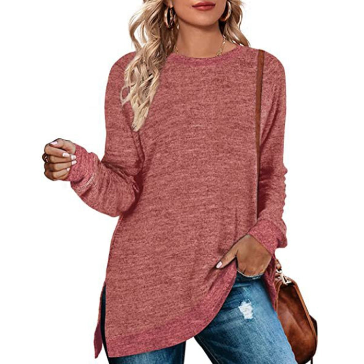 Long Sleeve Round Neck Colorblocked Split Top Ladies Loose Casual Pullover T-Shirt