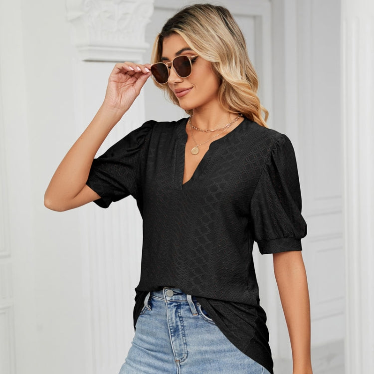 Women Summer Casual V-Neck Hollow Bubble Sleeve Loose T-Shirt