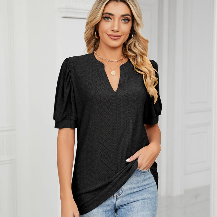 Women Summer Casual V-Neck Hollow Bubble Sleeve Loose T-Shirt