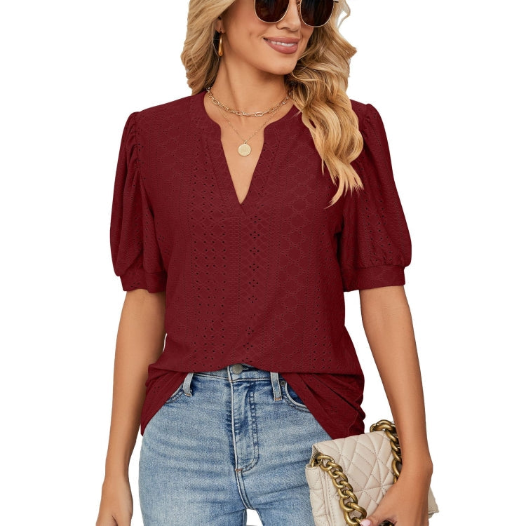 Women Summer Casual V-Neck Hollow Bubble Sleeve Loose T-Shirt