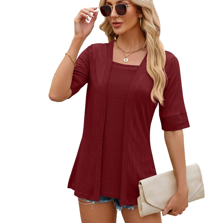 Spring Summer Solid Color Square Neck Splicing Five-Quarter Sleeve T-Shirt Top My Store