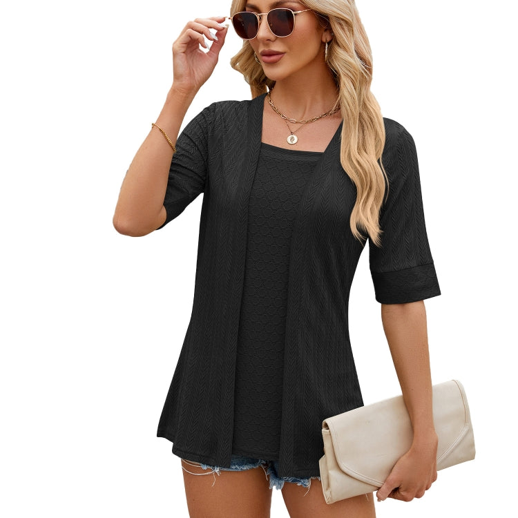 Spring Summer Solid Color Square Neck Splicing Five-Quarter Sleeve T-Shirt Top