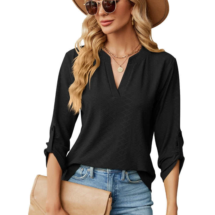 Solid Color Jacquard V-neck Button Three-quarter Sleeve Loose T-shirt Top