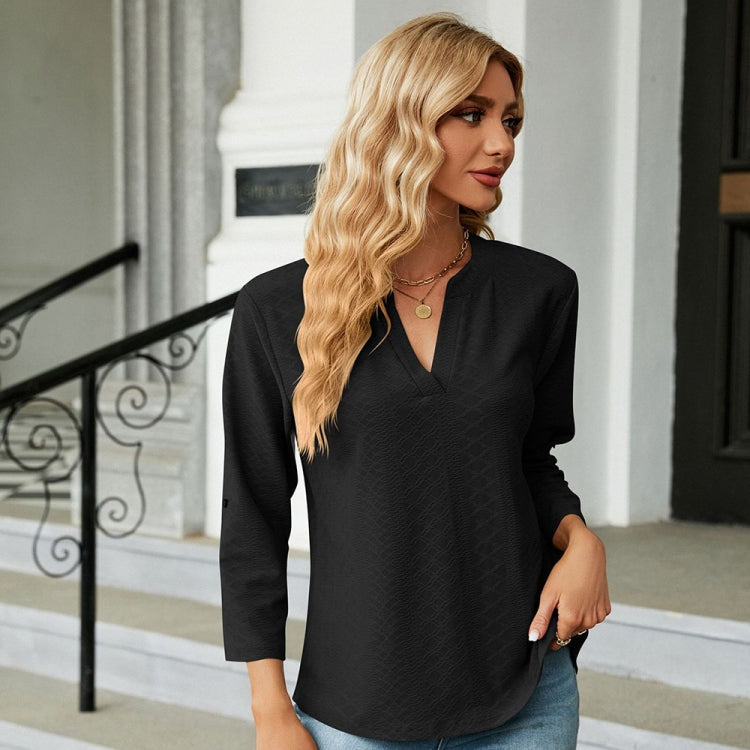 Solid Color Jacquard V-neck Button Three-quarter Sleeve Loose T-shirt Top