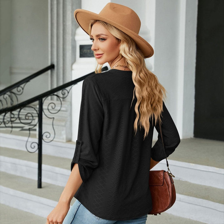 Solid Color Jacquard V-neck Button Three-quarter Sleeve Loose T-shirt Top My Store