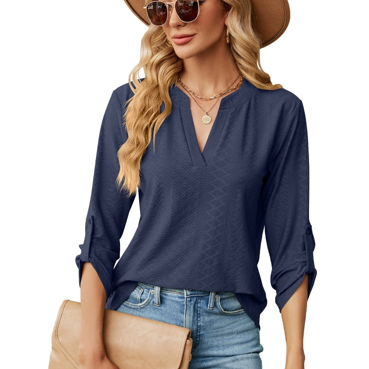 Solid Color Jacquard V-neck Button Three-quarter Sleeve Loose T-shirt Top