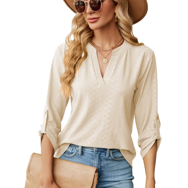 Solid Color Jacquard V-neck Button Three-quarter Sleeve Loose T-shirt Top