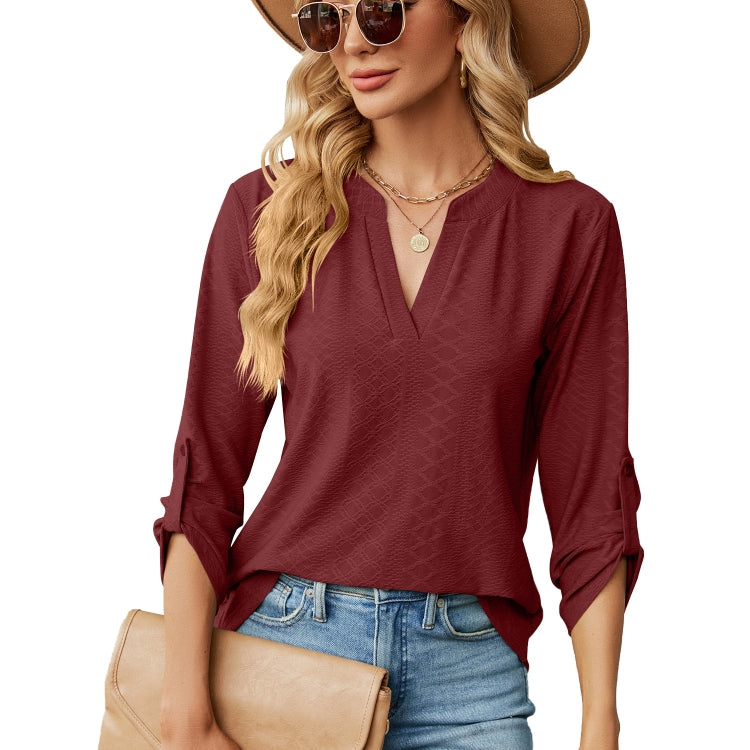 Solid Color Jacquard V-neck Button Three-quarter Sleeve Loose T-shirt Top My Store