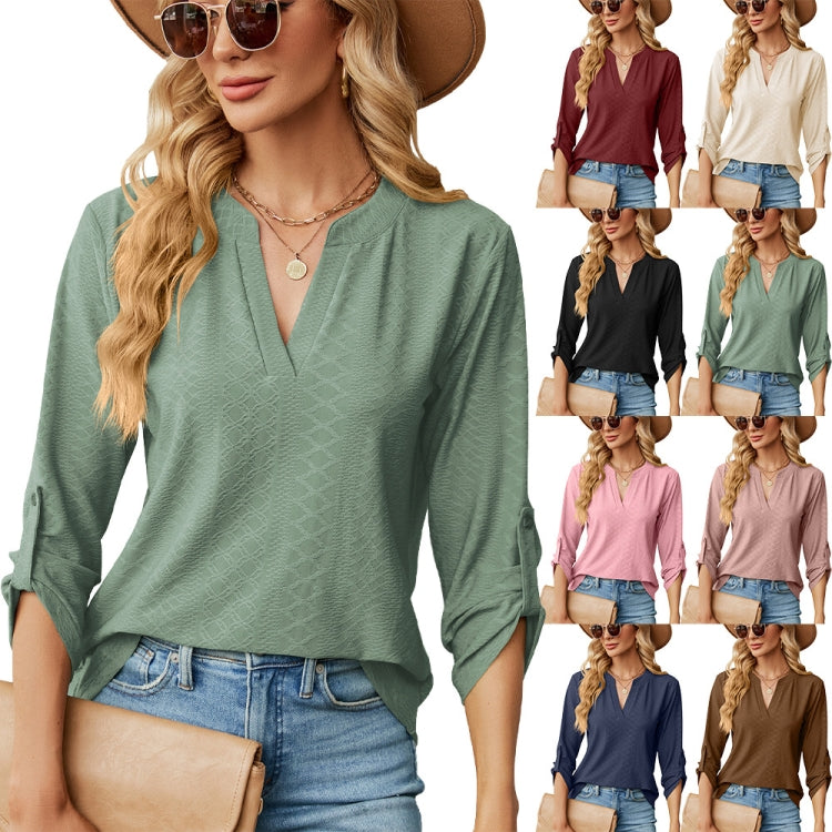 Solid Color Jacquard V-neck Button Three-quarter Sleeve Loose T-shirt Top My Store