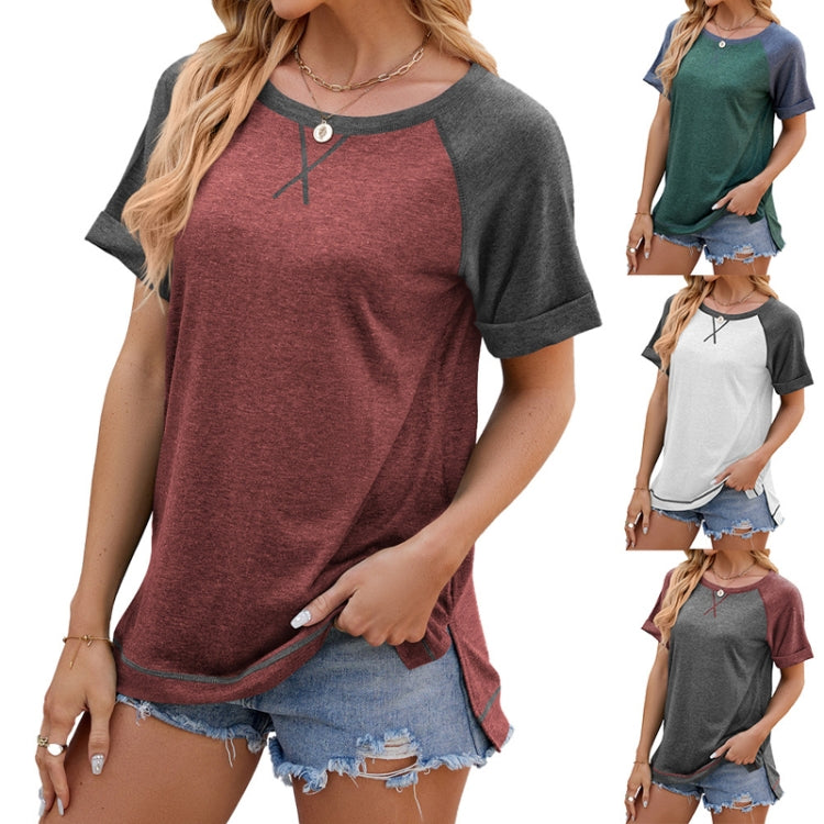 Spring Summer Women Color Block Round Neck Split Loose Short Sleeve Casual T-Shirt