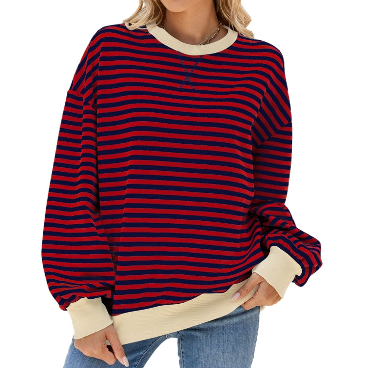 Women Fall Winter Striped Crewneck Color Block Loose Long Sleeve Sweatshirt Jacket