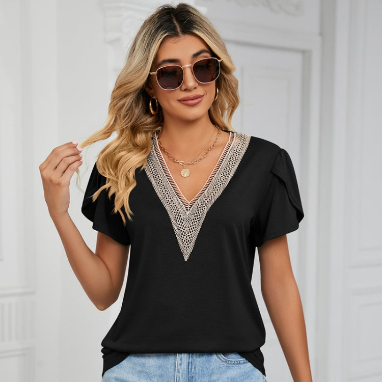 Women Lace V-Neck Short Sleeve Solid Color T-Shirt Top