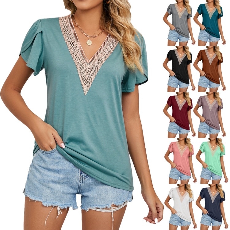 Women Lace V-Neck Short Sleeve Solid Color T-Shirt Top