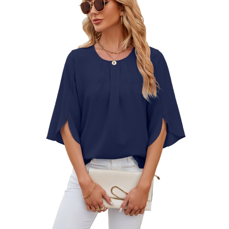 Summer Women Loose Chiffon Blouse Tops Round Neck 5 Points Sleeve Short Sleeve