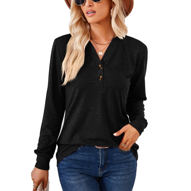 Autumn and Winter Solid Color V-neck Button Loose Long-sleeved T-shirt Top My Store