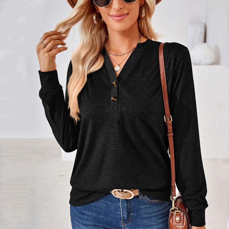 Autumn and Winter Solid Color V-neck Button Loose Long-sleeved T-shirt Top My Store