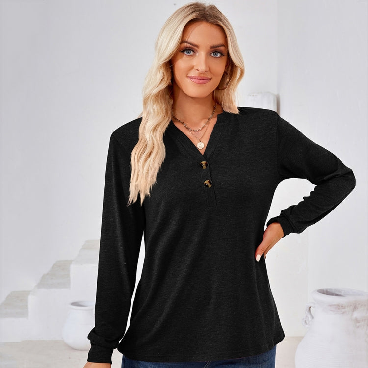 Autumn and Winter Solid Color V-neck Button Loose Long-sleeved T-shirt Top My Store