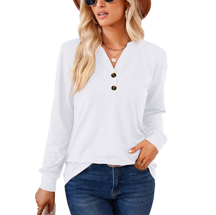 Autumn and Winter Solid Color V-neck Button Loose Long-sleeved T-shirt Top