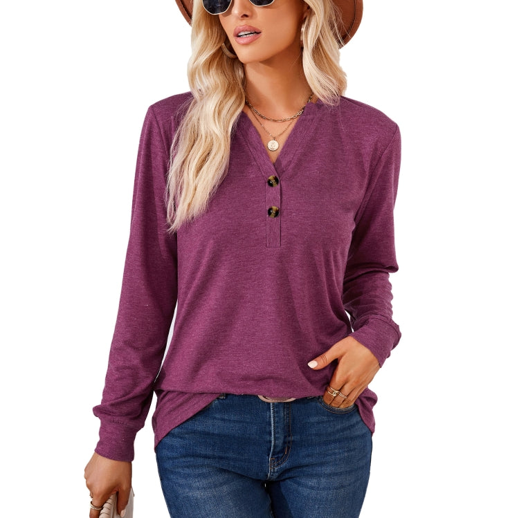 Autumn and Winter Solid Color V-neck Button Loose Long-sleeved T-shirt Top My Store