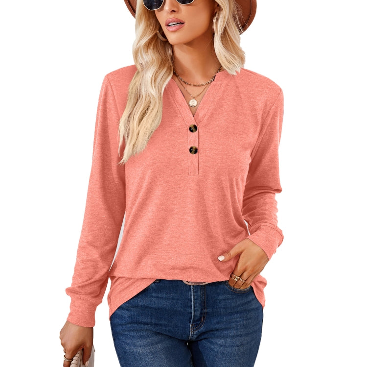 Autumn and Winter Solid Color V-neck Button Loose Long-sleeved T-shirt Top