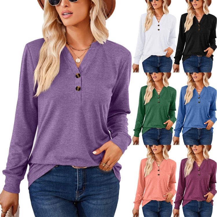 Autumn and Winter Solid Color V-neck Button Loose Long-sleeved T-shirt Top My Store